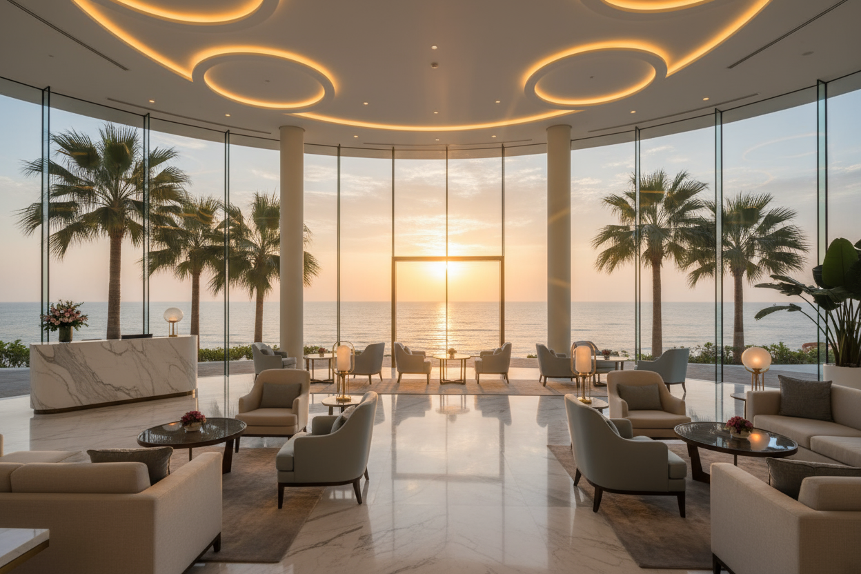 a nice hotel lobby facing the ocean at sunrise